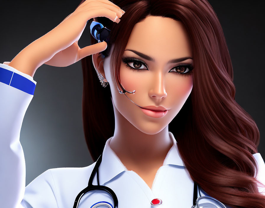 Stylized 3D animation of woman in medical attire with stethoscope