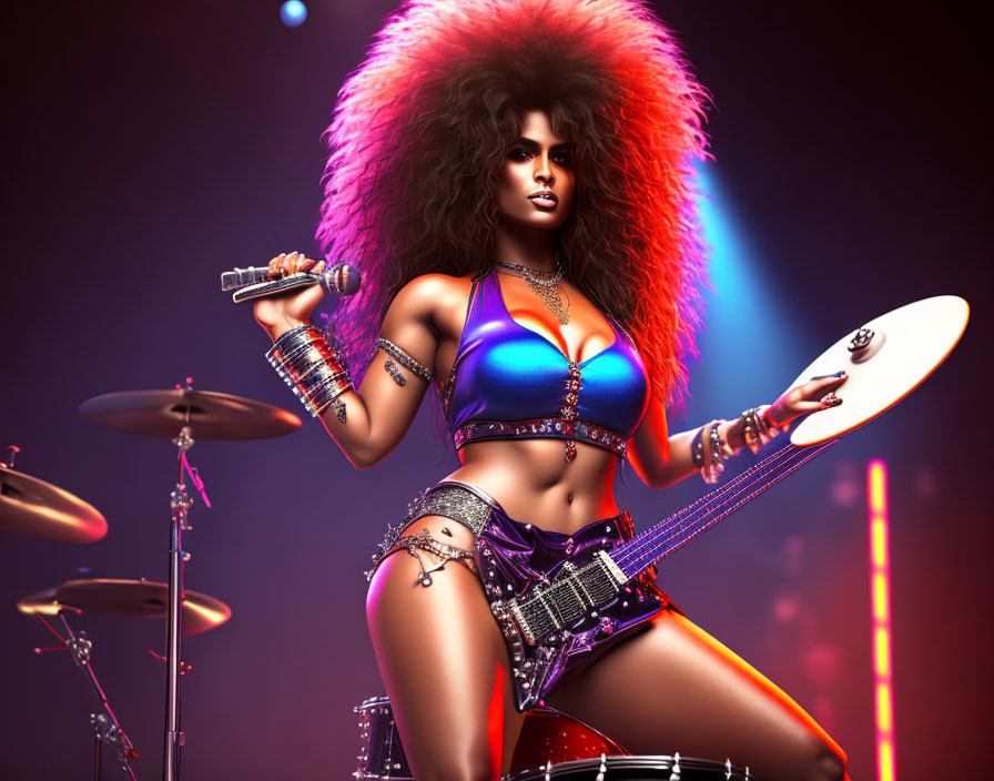 3D rendering of female rock musician with afro playing electric guitar in blue outfit