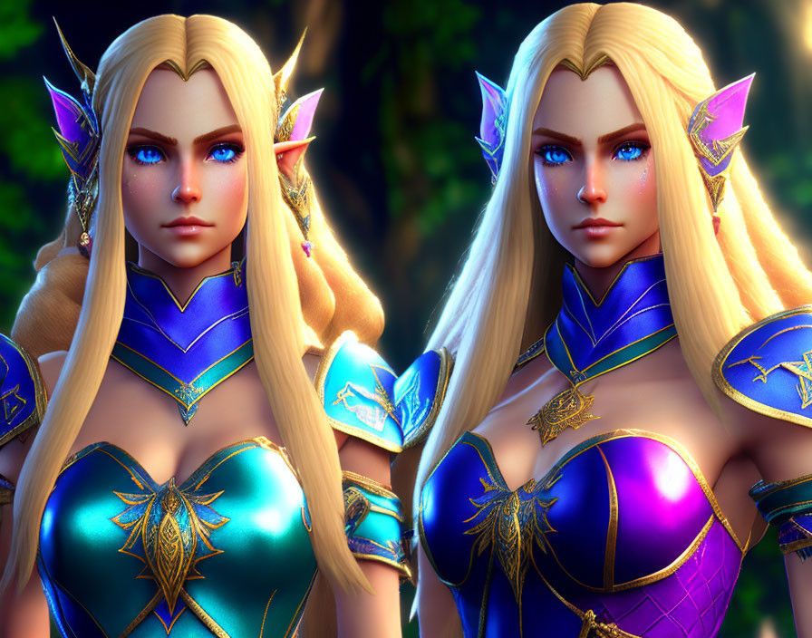 Blond-haired female elf in different colored armor in forest setting