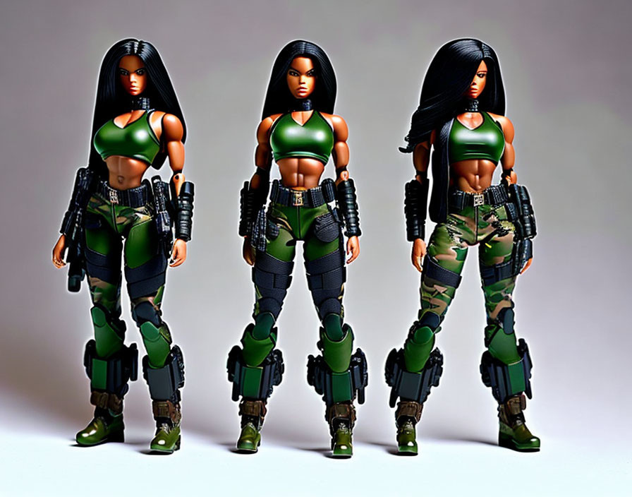 Three identical action figures in green tops and camo pants with tactical gear on grey backdrop.