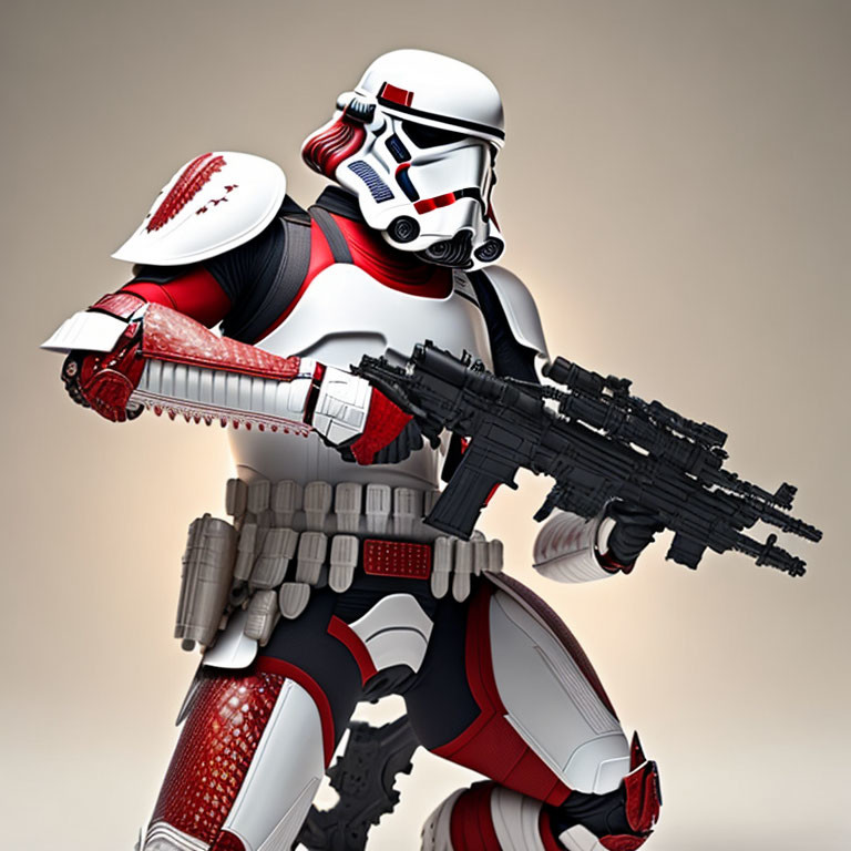 Detailed Star Wars Clone Trooper in white and red armor with blaster rifle against neutral backdrop