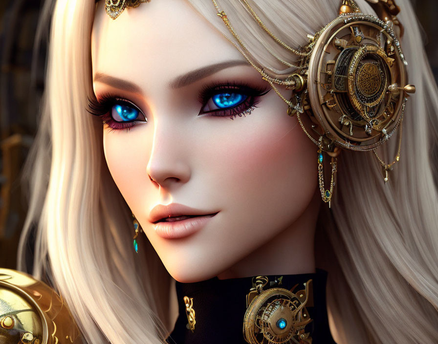 Digital artwork featuring female character with blue eyes, platinum blonde hair, and intricate golden clockwork headgear