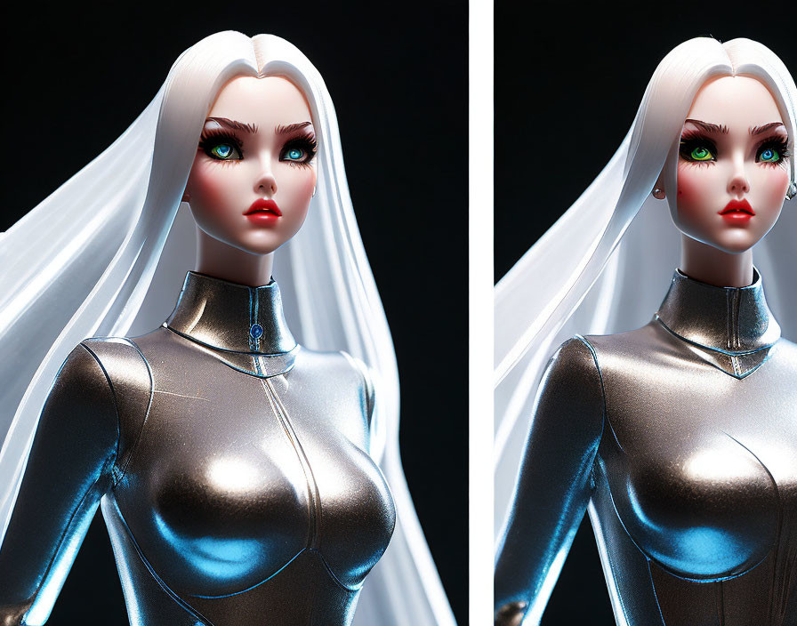 Female doll with white hair and green eyes in metallic clothing, showing dual expressions