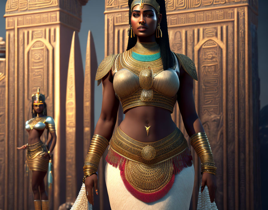 Ancient Egyptian-themed animated characters in ornate attire with pyramids and obelisk.