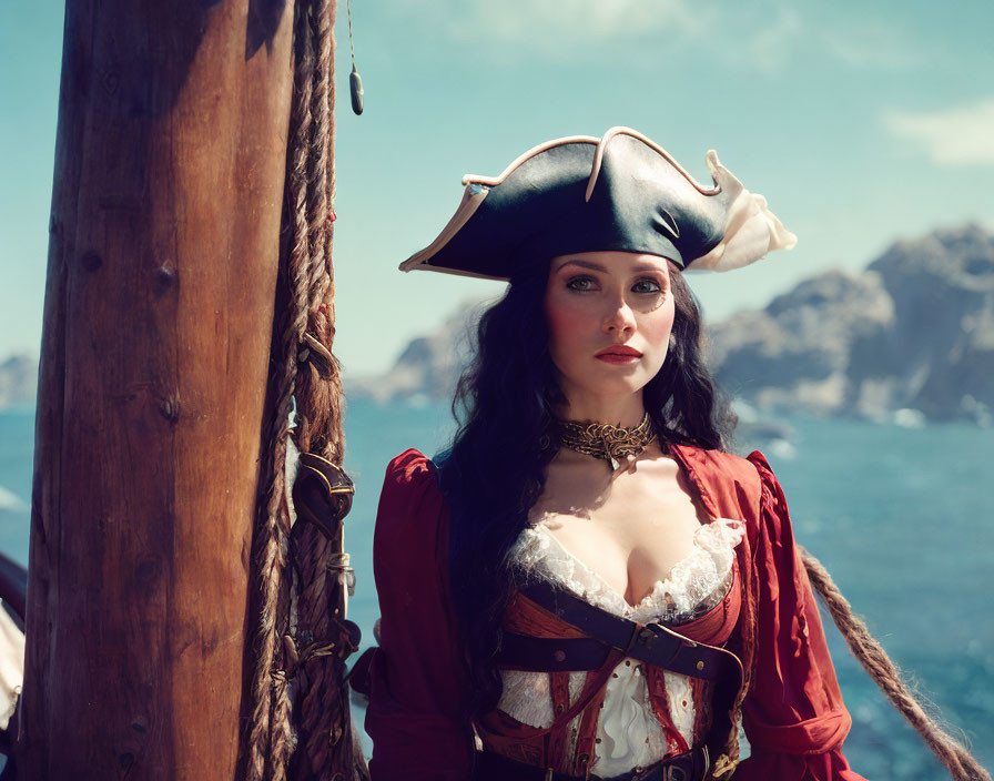 Female pirate in tricorn hat and red coat by wooden mast, ocean and cliffs.