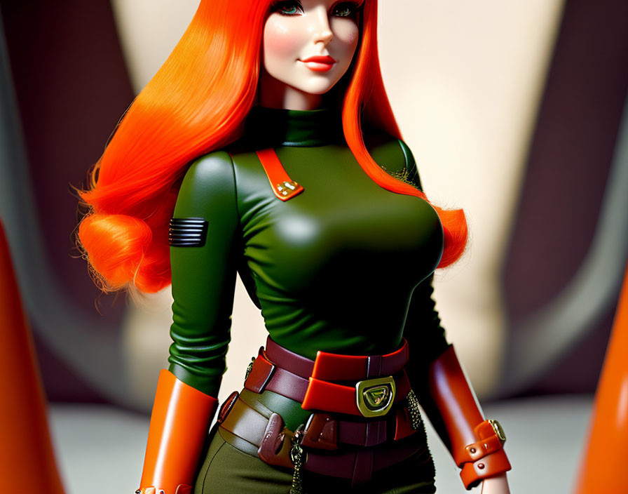 Fiery red-haired woman in green military outfit with red accents