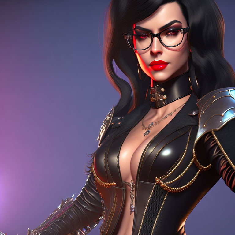 3D illustration of woman in glasses, red lipstick, black armor with gold chains on purple background