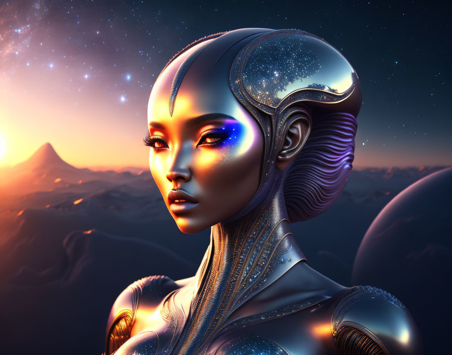 Futuristic female android with cosmic headpiece in mountain landscape