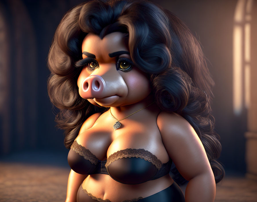 Female Pig Character in Lingerie with Glamorous Hairdo in Vintage Scene