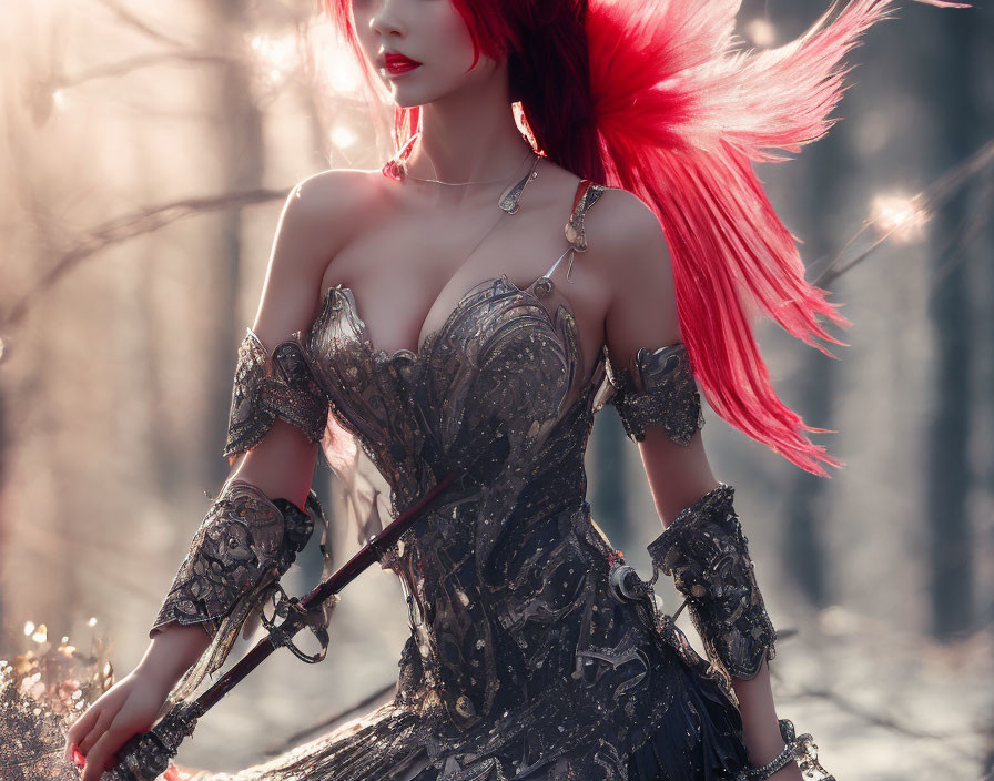 Fantasy artwork: Vibrant red-haired figure in elaborate armor in mystical forest