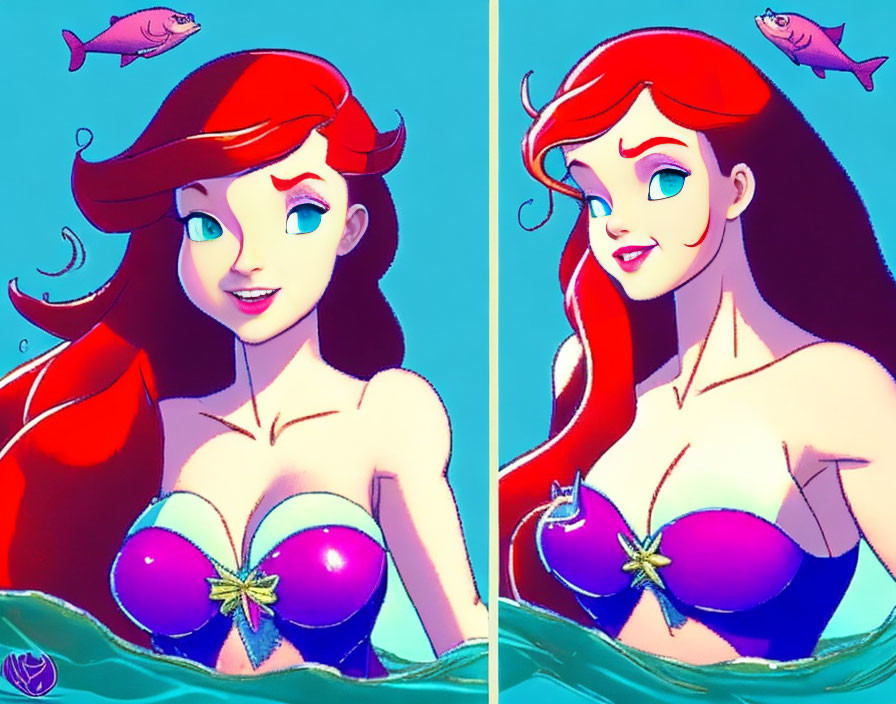 Stylized red-haired mermaid with purple seashell top, fish in background. Winking