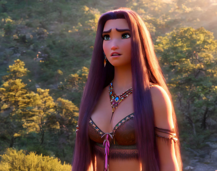 Purple-haired animated character in jeweled outfit against forest backdrop