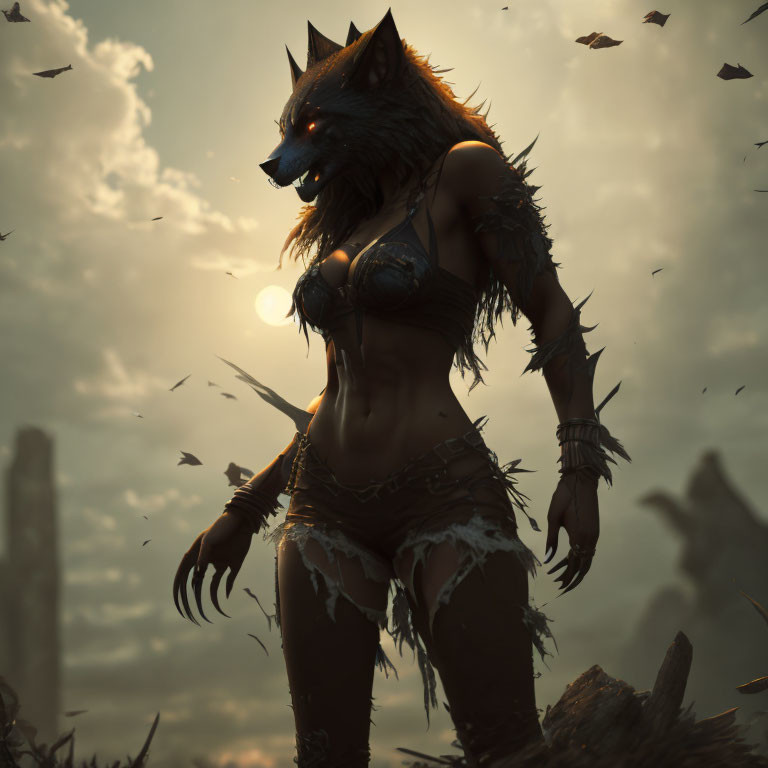 Armor-clad female wolf in ruins at sunset with flying birds.