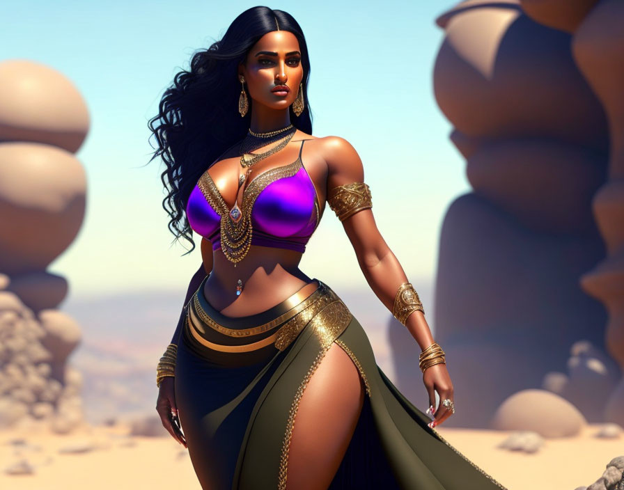 Illustrated woman in purple and gold outfit in desert setting