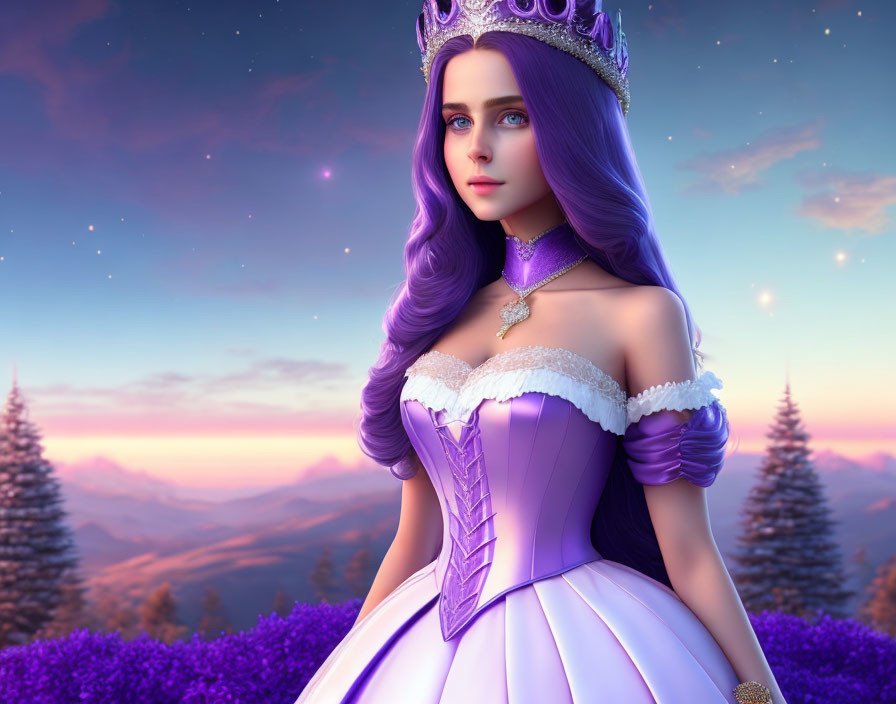 Purple-haired princess in crown and dress in fantasy sunset landscape