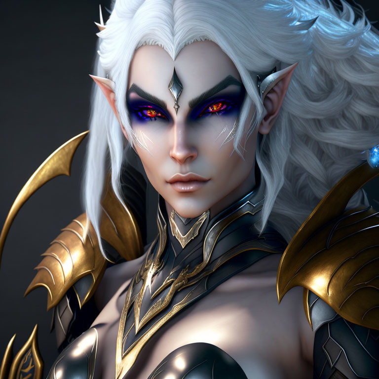 Elf with White Hair and Purple Eyes in Golden Armor on Dark Background