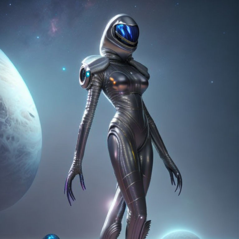 Futuristic alien in sleek space suit with large blue visor against cosmic backdrop.