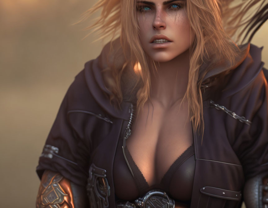 CGI female character with blue eyes and blonde hair in leather outfit