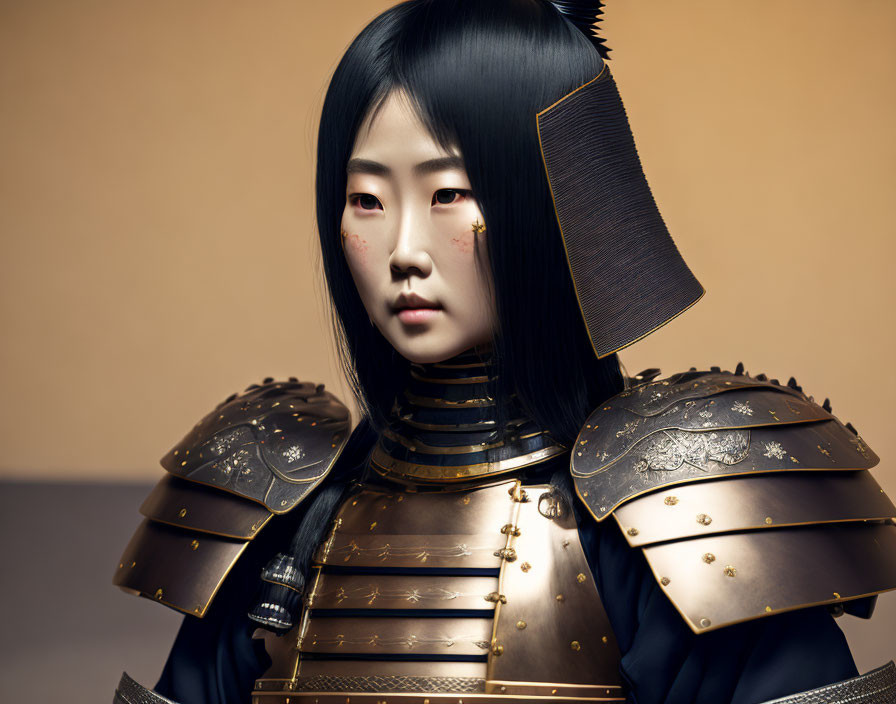 Person in Samurai Armor with Black Hair and Makeup on Beige Background