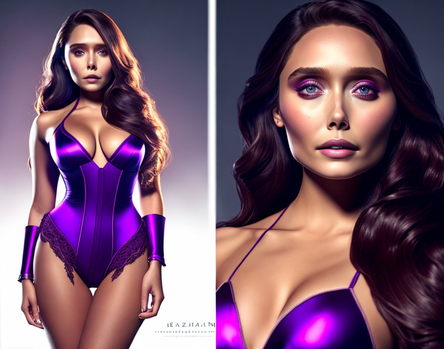 Long-haired woman in purple bodysuit against gradient backdrop with detailed makeup close-up.