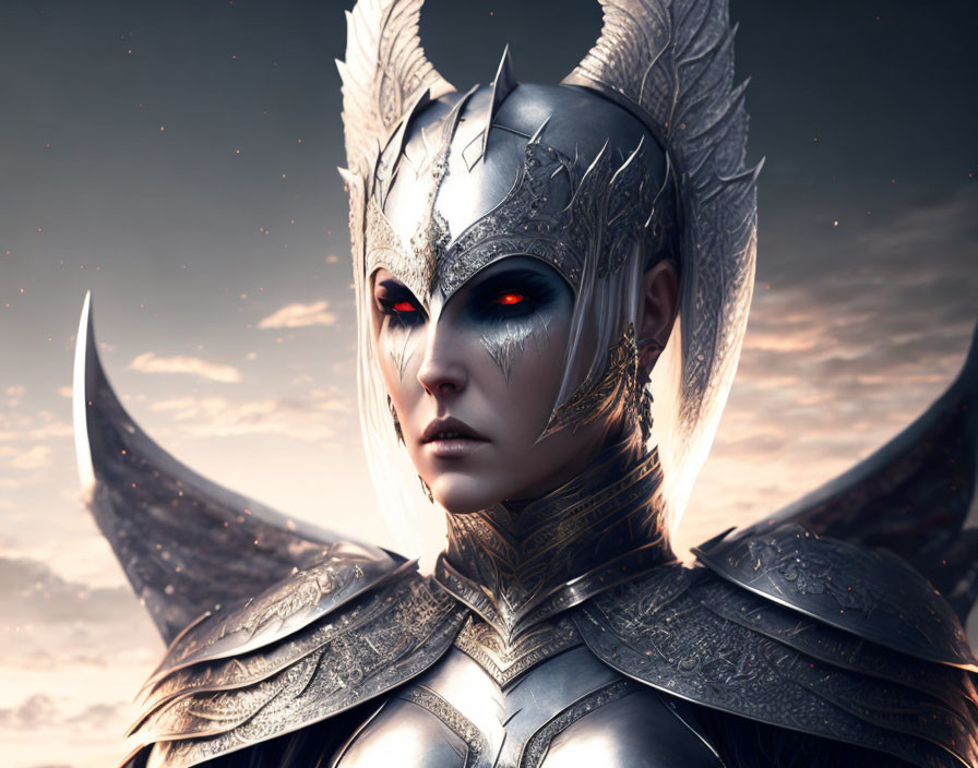 Elaborate silver armor on fierce female warrior with glowing red eyes