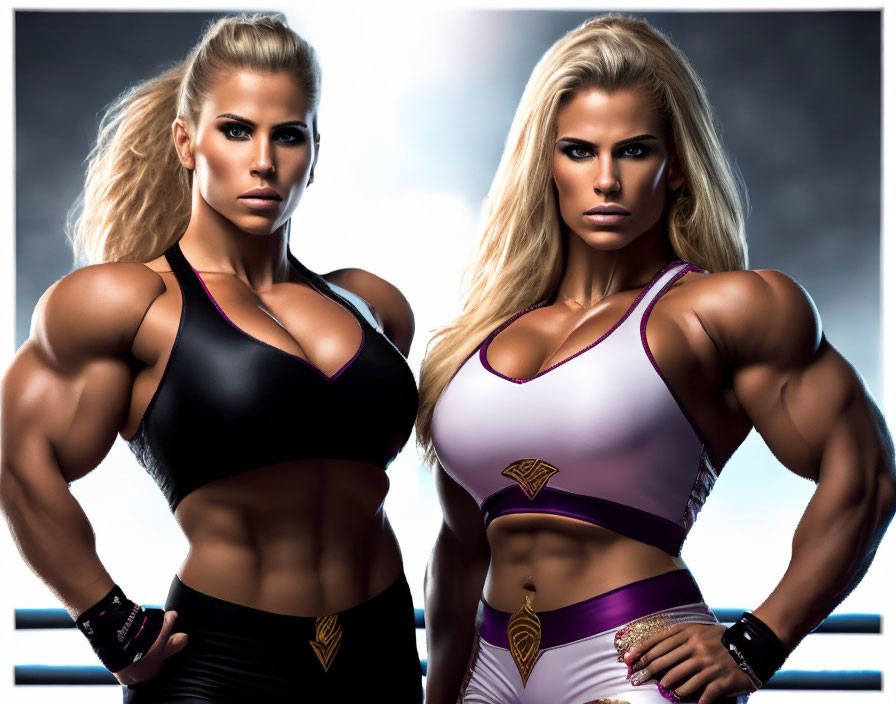 Muscular Women with Styled Blonde Hair in Athletic Wear Pose Confidently