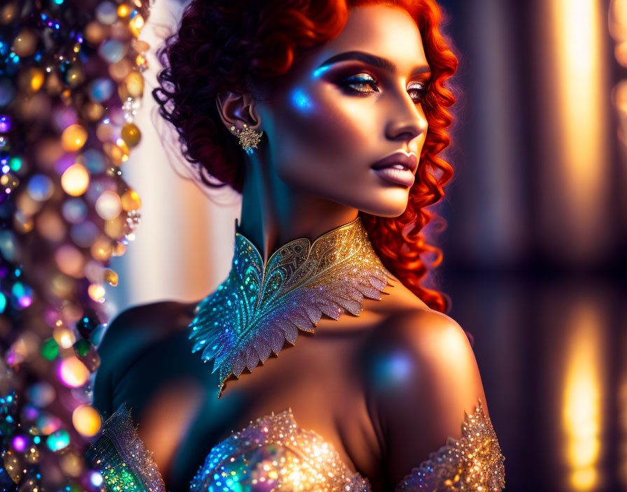 Vibrant red-haired woman in golden outfit with blue feather accessory