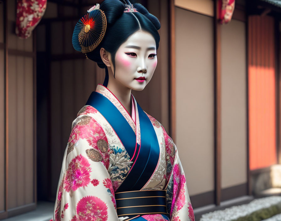 Traditional Japanese Geisha in Floral Kimono with Elaborate Hair Ornaments