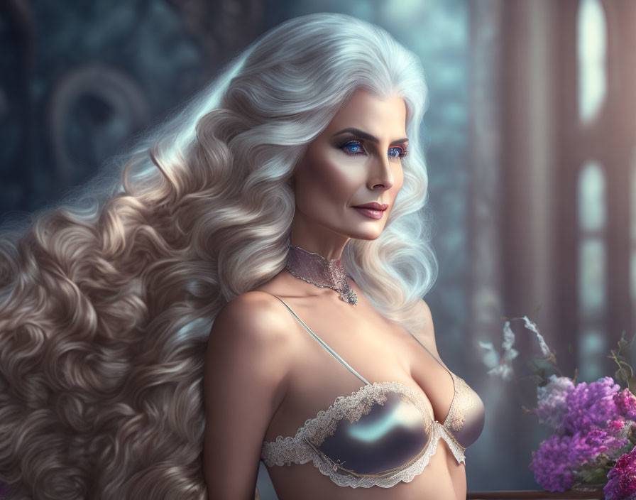 Portrait of woman with long white hair, blue eyes, choker, corset, purple flowers,