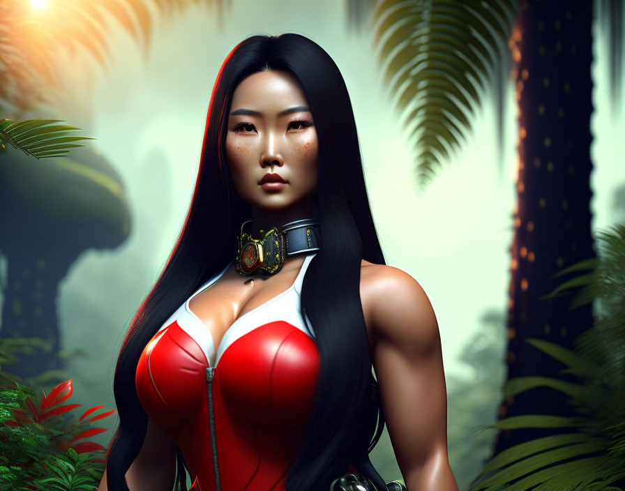 Stylized female character in red and white bodysuit against jungle backdrop