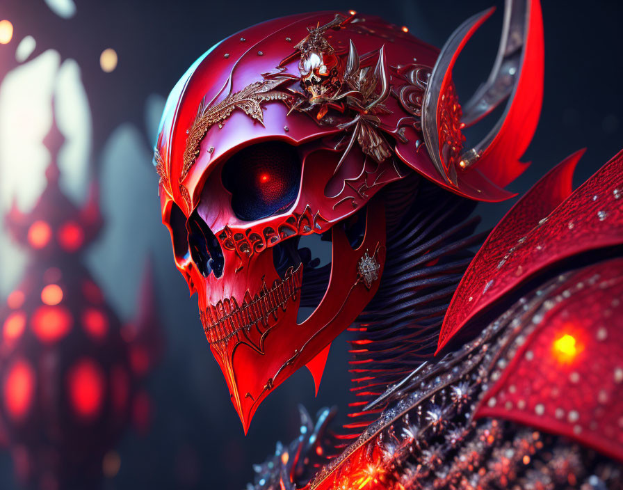 Fantasy image of red and black skull with decorated helmet