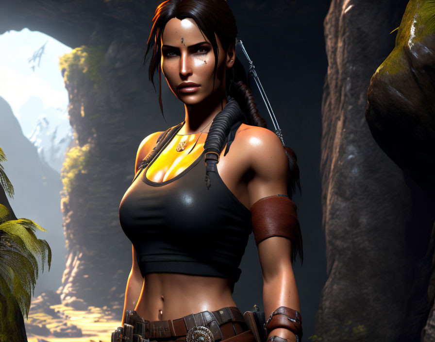 Digital Artwork: Female Adventurer in Jungle Setting with Dark Hair & Leather Accessories