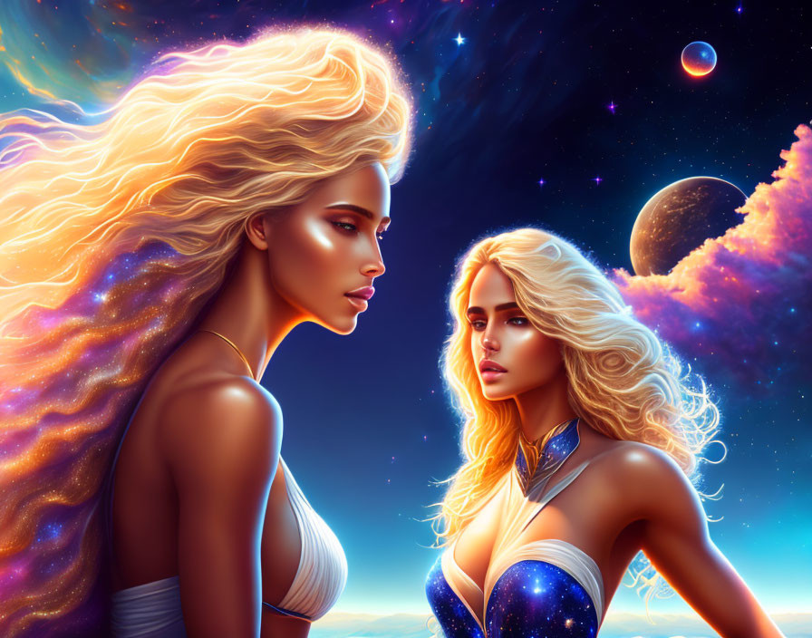 Cosmic-themed digital artwork of two women in vibrant space setting