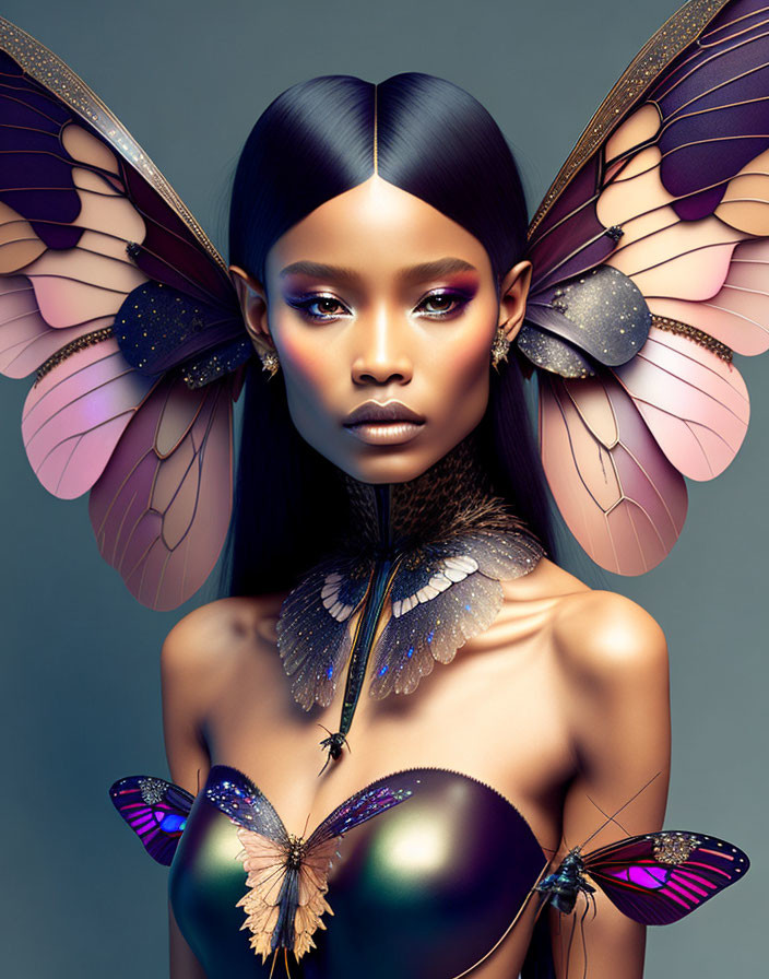 Iridescent Woman with Butterfly Wings on Gray Background