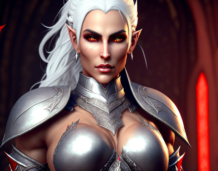 White-Haired Armored Female Fantasy Character with Red Eyes