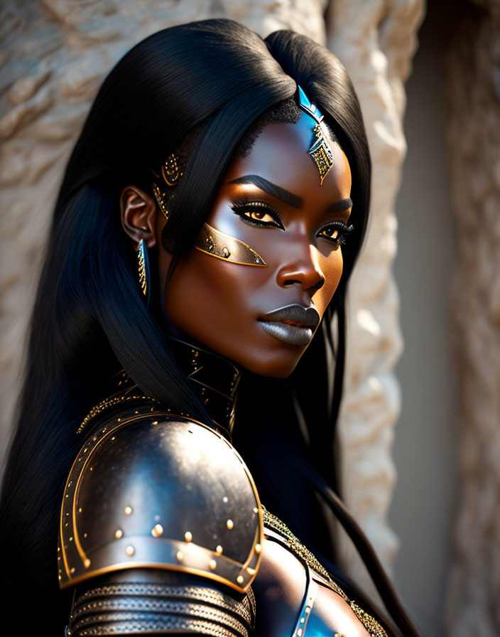 Digital artwork: Dark-skinned woman in black armor with gold trim and jewelry