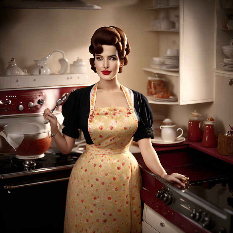 Vintage portrait of woman with beehive hairstyle in retro kitchen