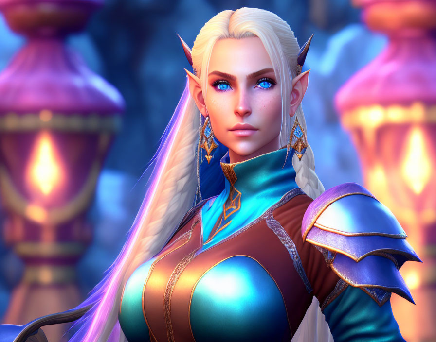 Digital illustration: Elf with blue eyes, blond hair, ornate armor, and lantern backdrop