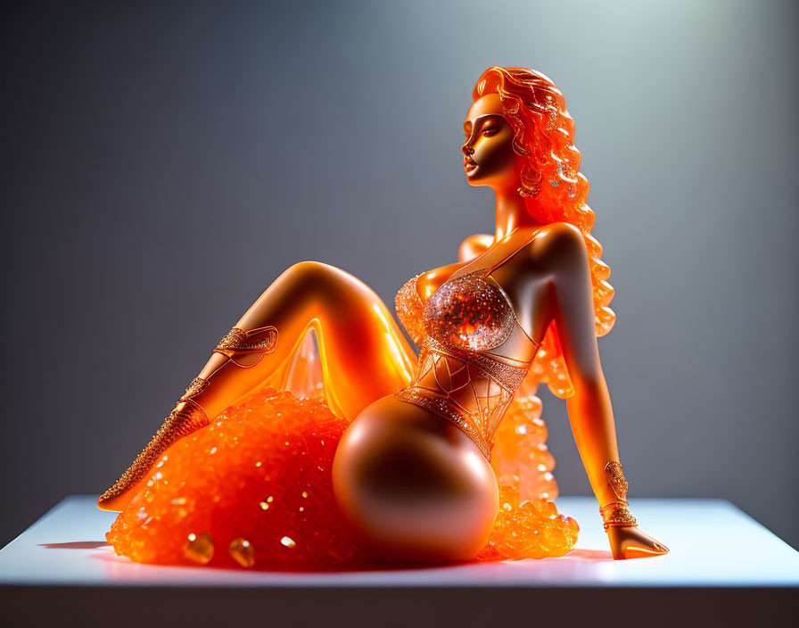 Orange-hued female figure with flowing hair and metallic adornments in 3D illustration