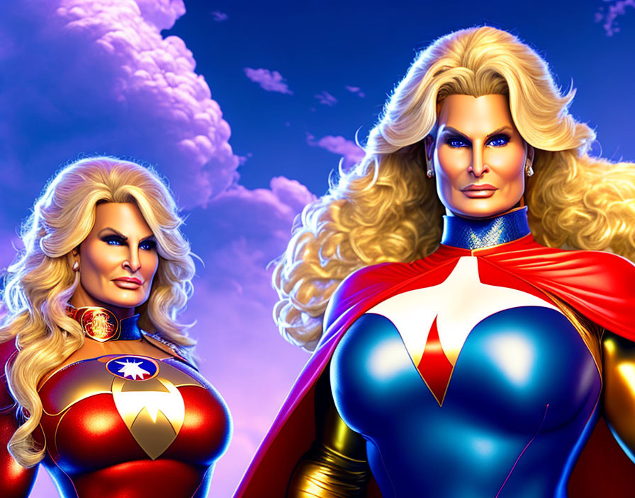 Stylized muscular female superheroes in colorful costumes against blue sky