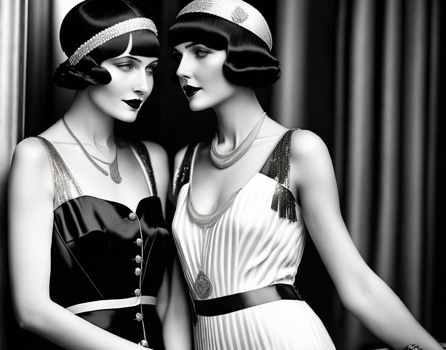 Vintage black and white photo of two women in 1920s fashion with cloche hats and fl