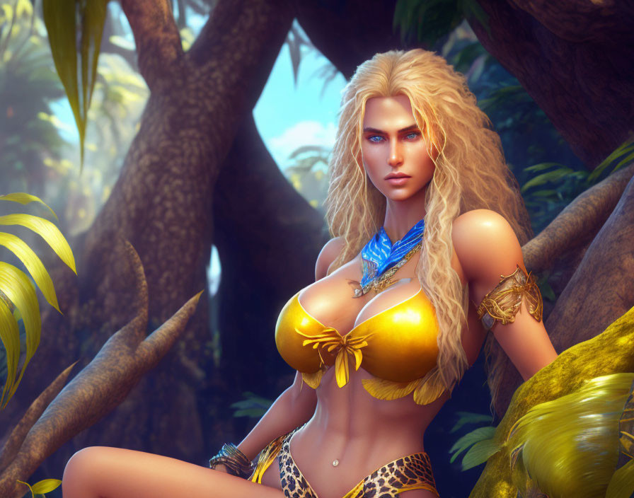 Blonde woman in yellow bikini in jungle setting