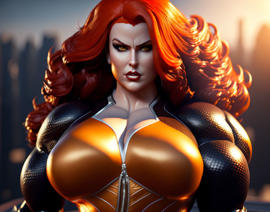 Red-Haired Superheroine in Black and Gold Costume with Cityscape Background