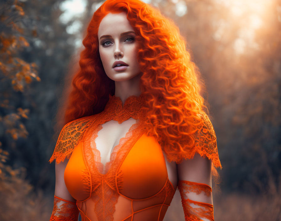 Red-haired woman in matching attire in mystical forest with orange hues