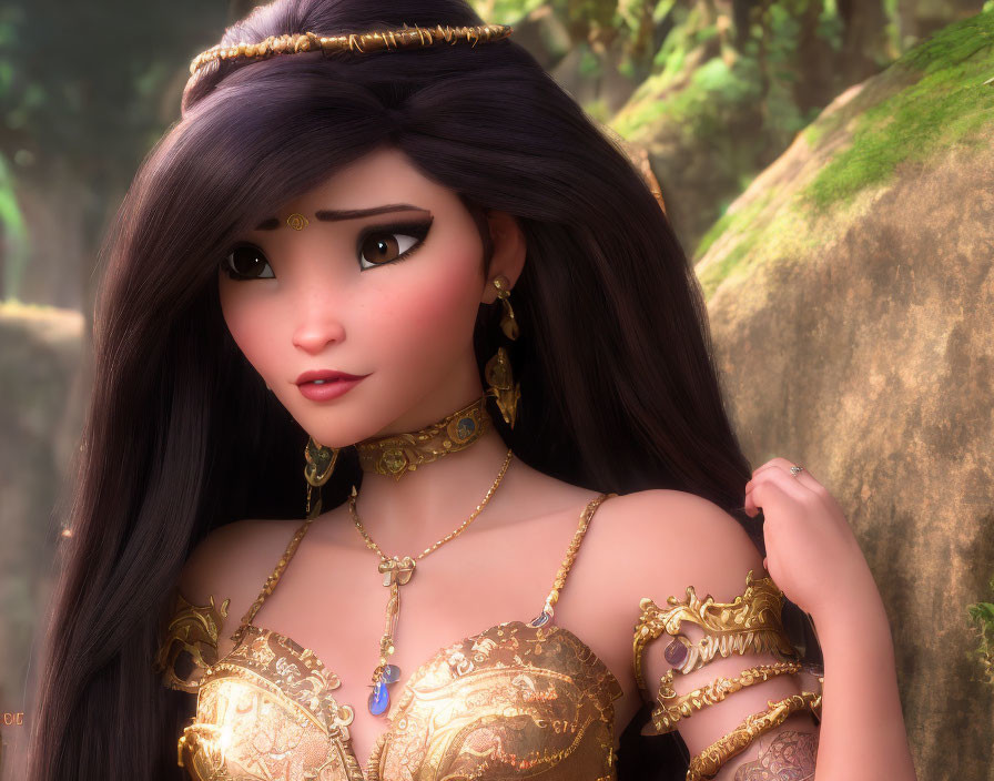 Animated female character with long black hair and blue gem necklace in forest setting