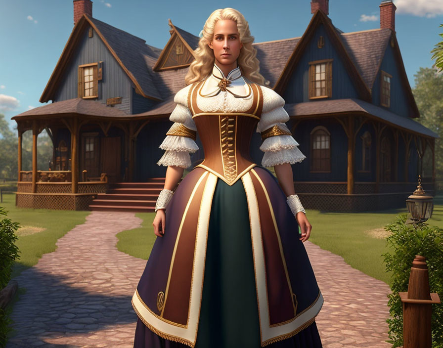 CGI image of woman in historical dress at Victorian house