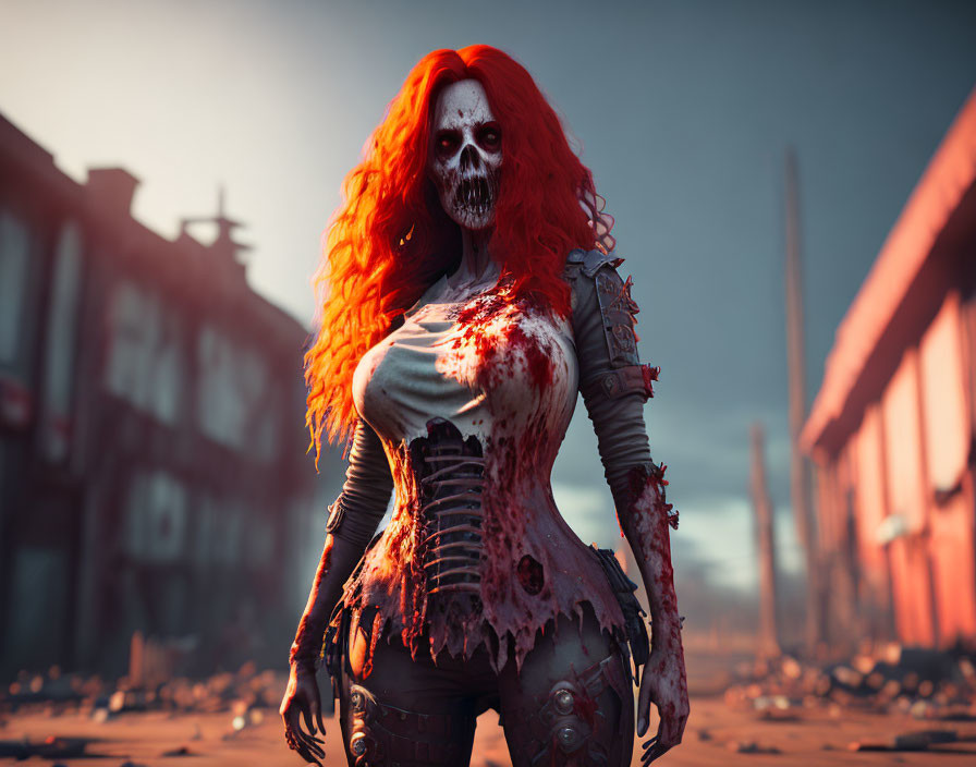 Skull-faced figure with red hair in post-apocalyptic scene