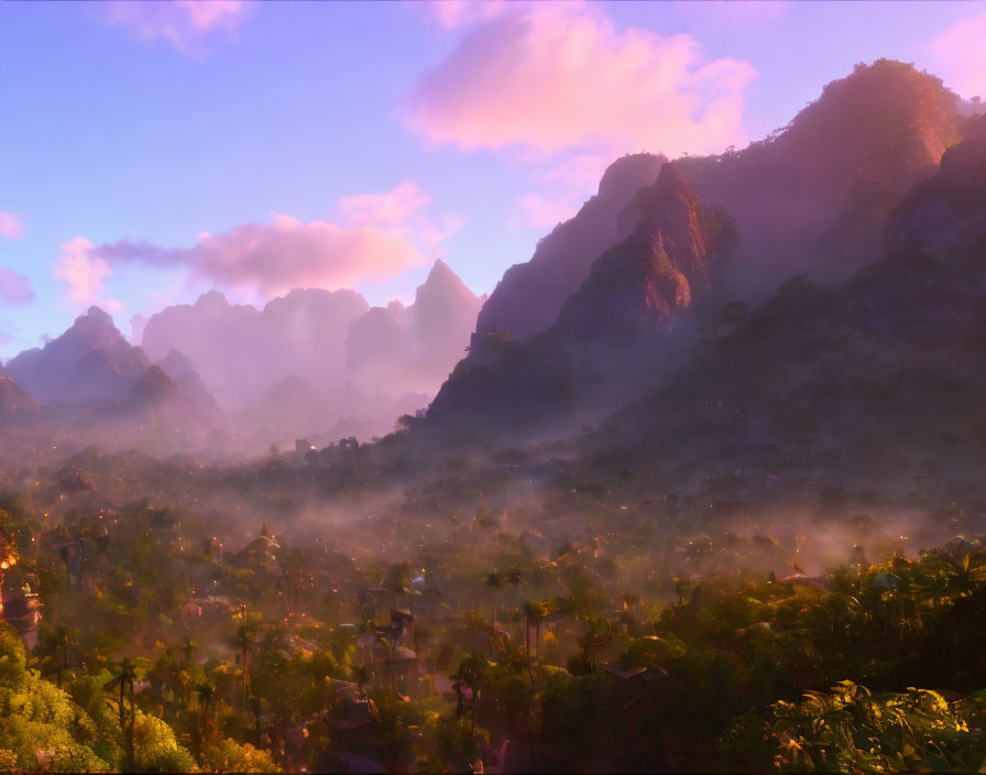 Mystical landscape: misty forests, towering mountains, pink sky