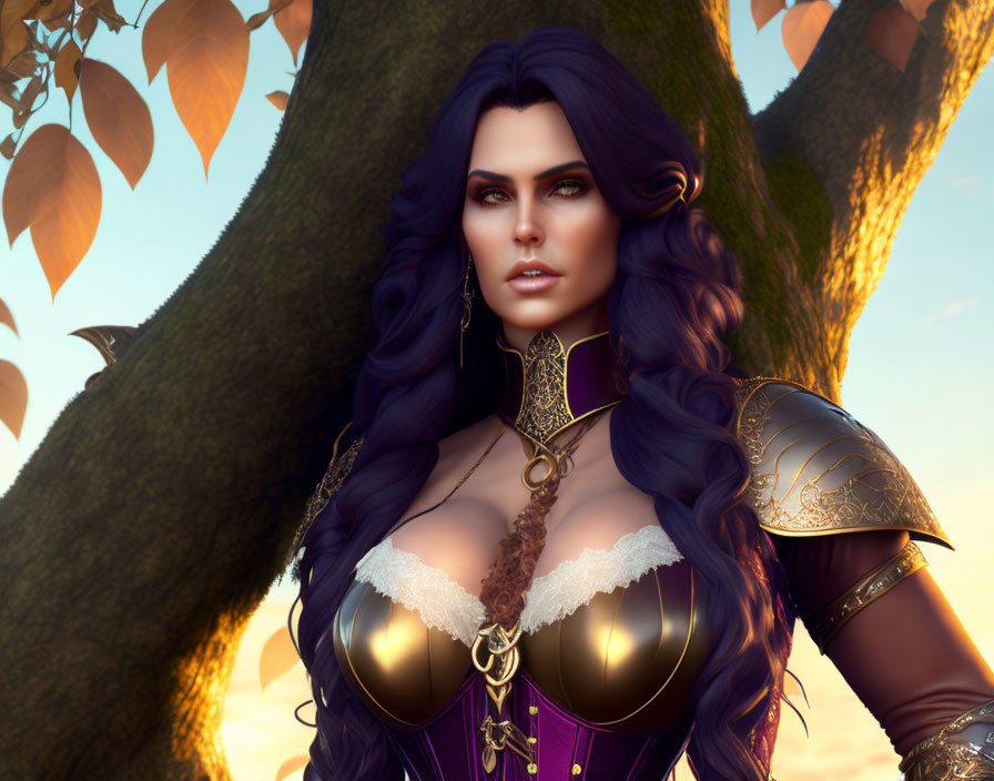 Purple-haired woman in fantasy armor by tree at sunset