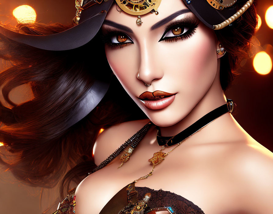 Intricate steampunk-themed portrait of a woman with dramatic makeup and flowing hair